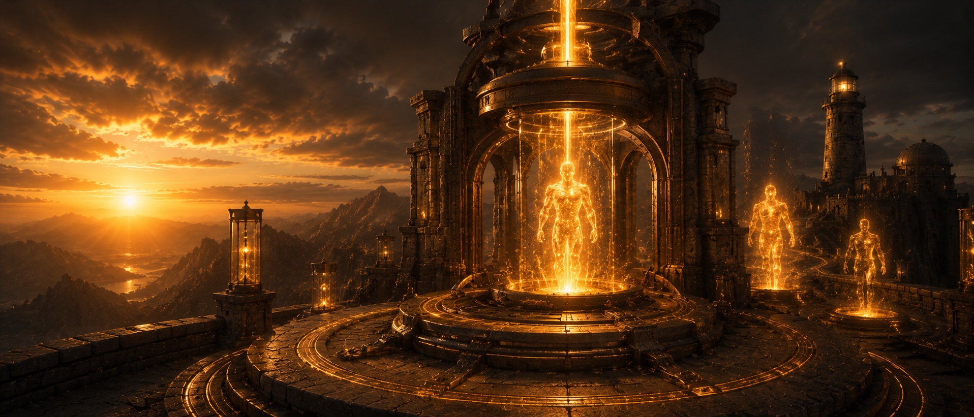 Cylindrical golden chamber on a circular stone plinth instantiating a humanoid figure from a vertical warrant beam — fully-formed figures walking out to execute against a lighthouse and observatory backdrop at sunset.