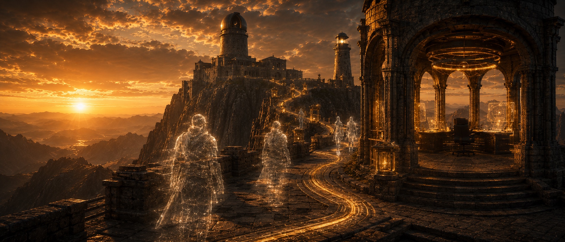 Translucent crystalline occupants walking a gold-lit path along a cliff toward an observatory + lighthouse complex at sunset, with an arched stone office pavilion containing glowing terminals on the right.
