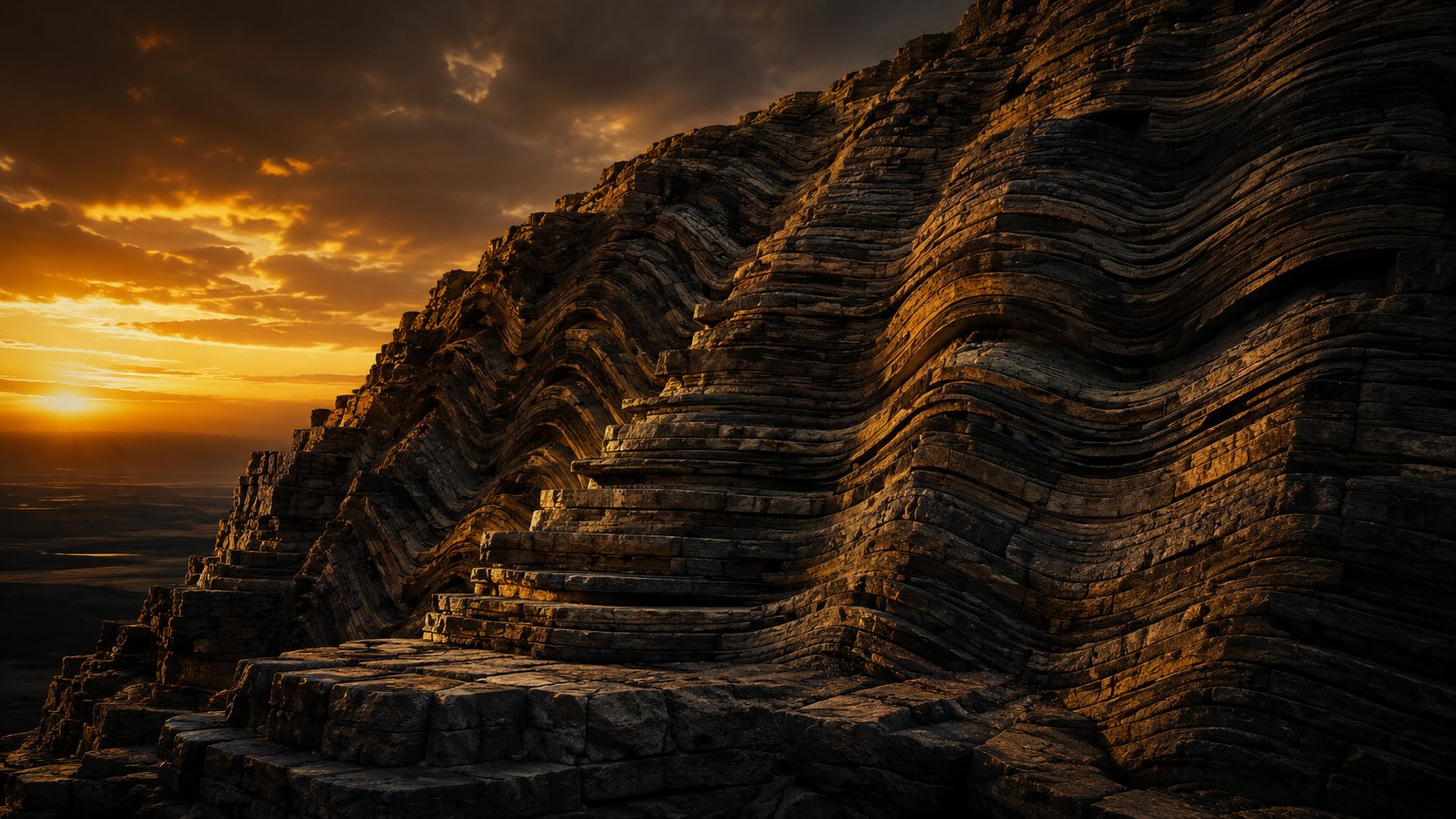 Massive folded sedimentary cliff face at golden hour — horizontal strata bent by geological pressure into a series of folds, gold light catching the upper edges, deep ink shadows in the recesses between layers.