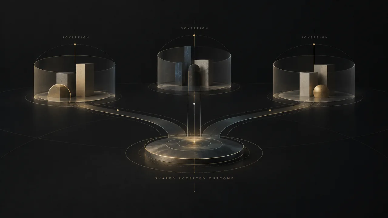 Editorial cover: three distinct sovereign chambers connected to a shared accepted outcome.